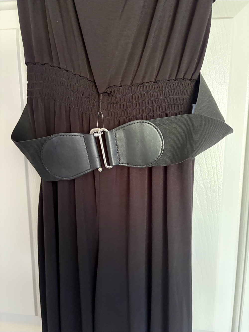 AGB size Medium Black Lace-Sleeve Maxi Pantsuit with Belt - Picture 3 of 7